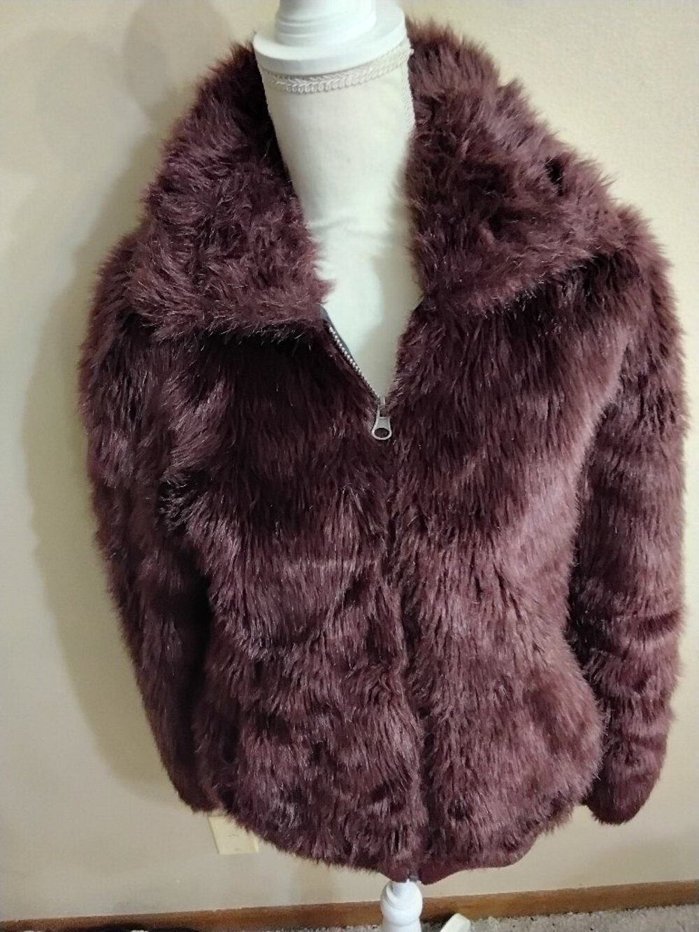 Urban Outfitters Burgundy Faux Fur Bomber Jacket - Size S